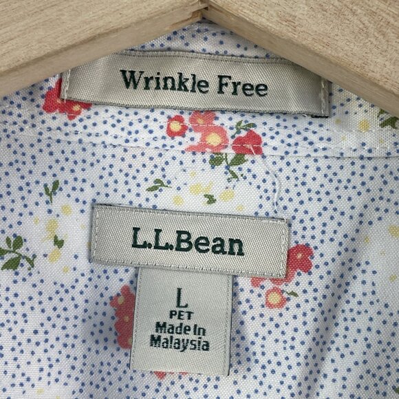 LL Bean Shirt Womens Large Petite Blue Floral Wrinkle Free Button Up 3/4 Sleeve - Picture 3 of 9